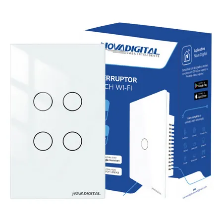 Interruptor Inteligente Wifi NovaDigital 4 Teclas Botões Touch Tuya Smart Life Alexa Google 110V 220V Bivolt Branco LITE-WS4-W