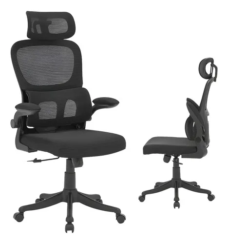 Cadeira de Escritório Ergonômica Com Apoio Lombar e Apoio de Cabeça preta com estofado de mesh