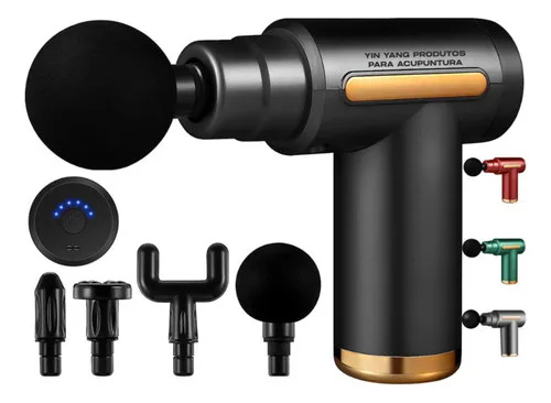 Massageador Pistola Muscular Profissional 6 Velocidades 4 Ponteiras Alívio Dores Relaxamento Bivolt Recarregável Yin Yang Produtos Para Acupuntura Preto