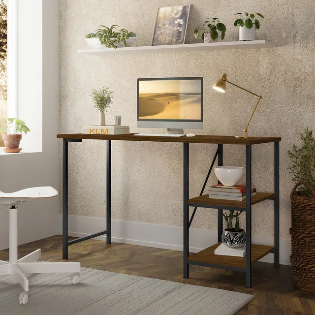 Mesa Escrivaninha Mesa Office Estudo Estilo Industrial Cor Preto Imbuia 1,10m KLM