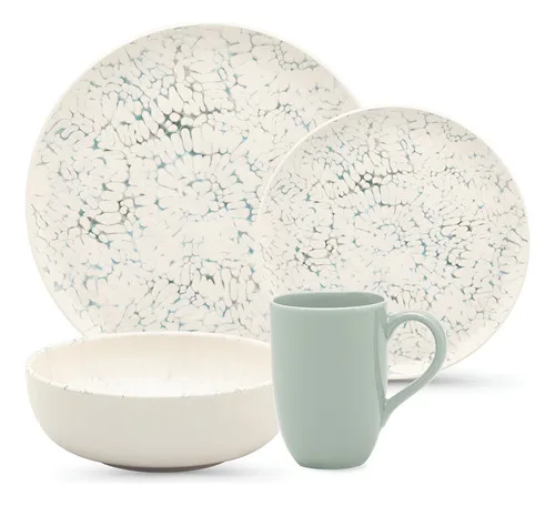 Aparelho De Jantar E Lanche Flat Tie-Dye 16 Peças Branco e Verde Oxford