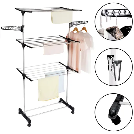 Varal De Chão Grande Varal De Roupas 3 Andares Dobrável KONTUZ Cor Preto