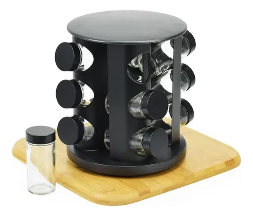Porta Temperos Giratório Com 9 Potes De Vidro Cor Preto