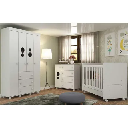 Quarto Bebê Completo Infantil com Guarda-Roupa Cômoda Berço e Colchão Incluso Pimpolho Multimóveis Branco 3 anos de garantia