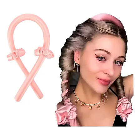 Modelador de Cachos Noturno de Cetim Sem Calor Rosa Bebê + 2 Scrunchies