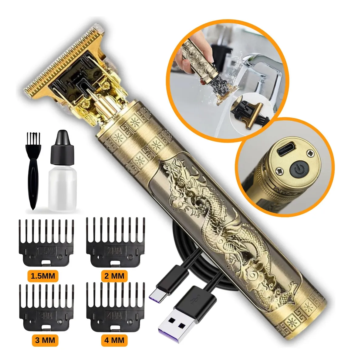 Maquina Maquininha De Cortar Cabelo Barbeador Eletrico Aparador De Pelos Acabamento Dragão Buda Profissional Kamufla Dourado 127/220v