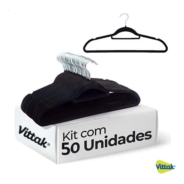 Vittak Kit 50 Cabides Veludo De Roupa Antideslizante Slim Adulto Cor Preto Utensílios de Uso Doméstico