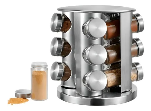 Porta-Temperos Giratório Aço Inox com 12 Potes Vidro 360º Mesa