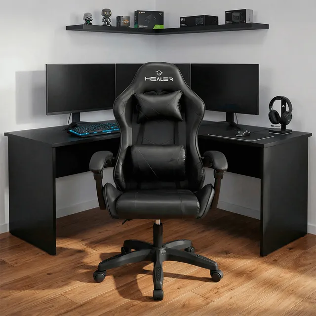 Cadeira Gamer Wells Preta Healer Preto Couro Sintético