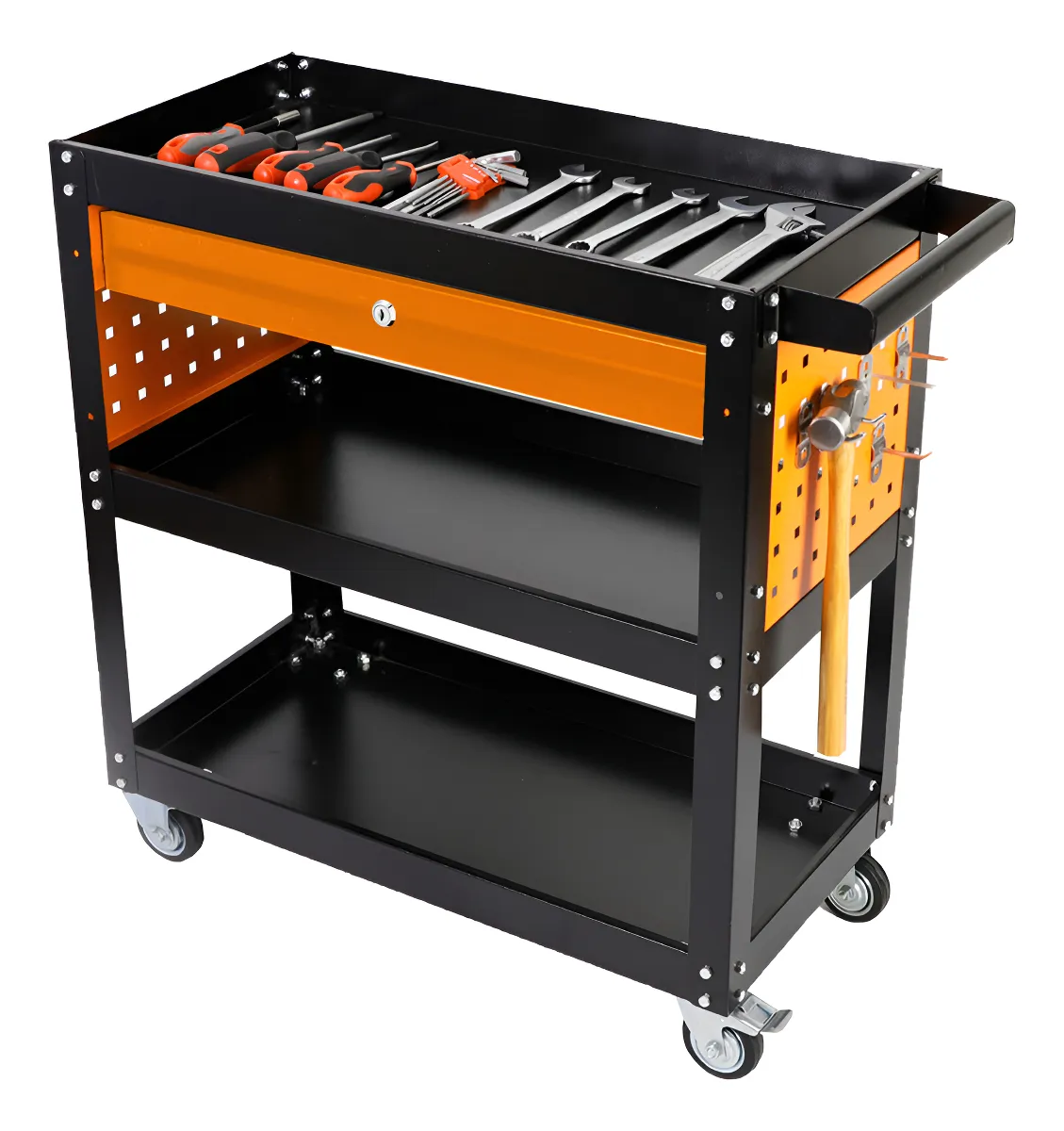 Carrinho De Ferramentas Com Gaveta Para Oficina Mecanico Aberto 3 Andares Organizador Cor Preto/Laranja The Black Tools