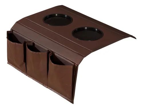 Bandeja Esteira Braço Sofá Couro Marrom Com Porta Controle