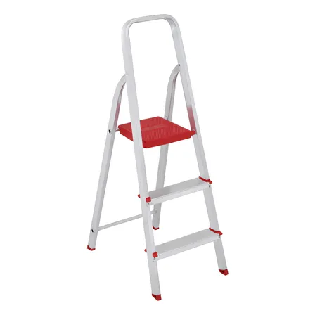 Escada De Alumínio Dobrável Compacta Com 3 Degraus - Botafogo - Leve E Resistente Cinza/vermelho