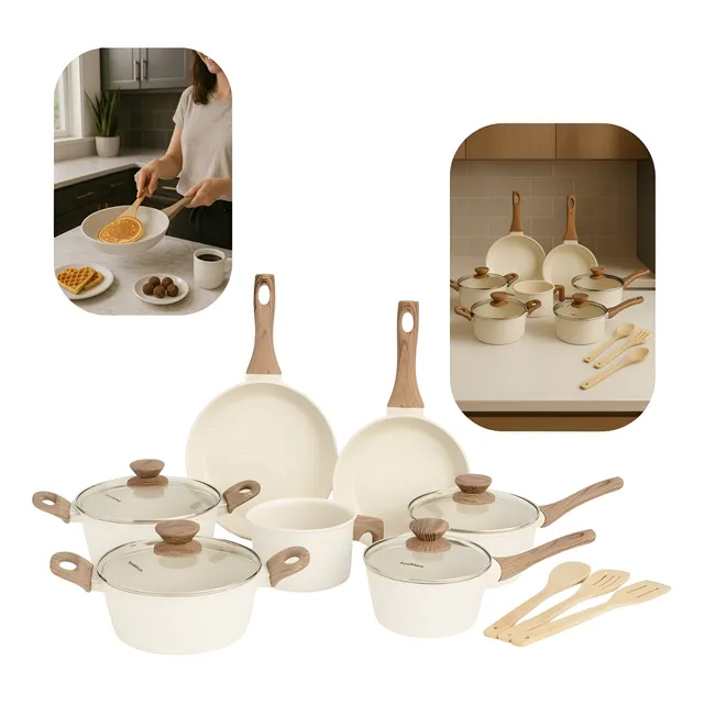 Jogo de panelas de cozinha Mimo Style Cook Fundo de Tripla Indução com 10 peças de alumínio marmol vanila