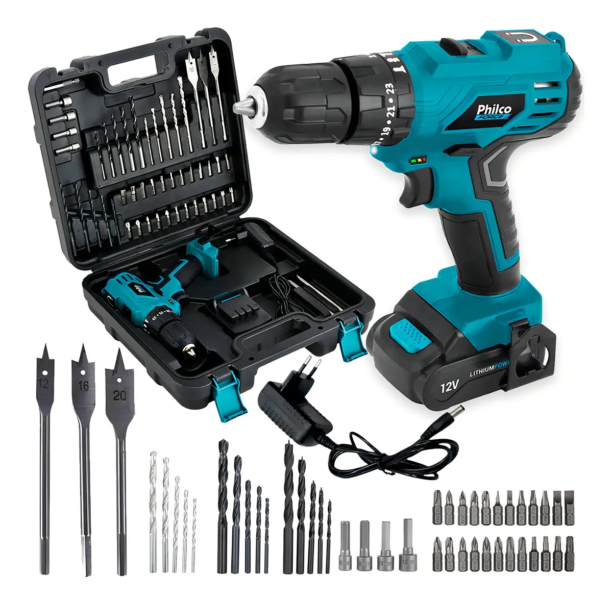 Furadeira Parafusadeira Impacto Sem Fio De 10mm Philco Ppf120mf + Acessórios