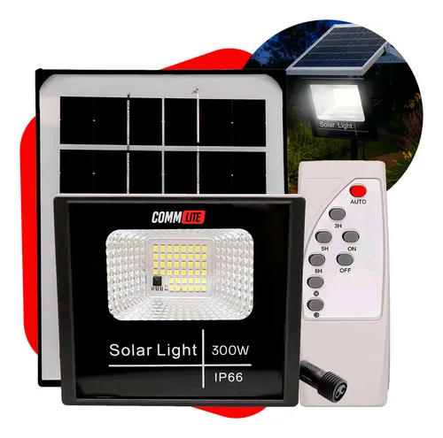 Refletor Solar LED 300W Com Placa Solar e Bateria Interna Alta Potência Econômico e Sustentável Prova d’água IP65 Carcaça Preta Resistente Luz Branco-frio Intensa Ideal Para Áreas Externas