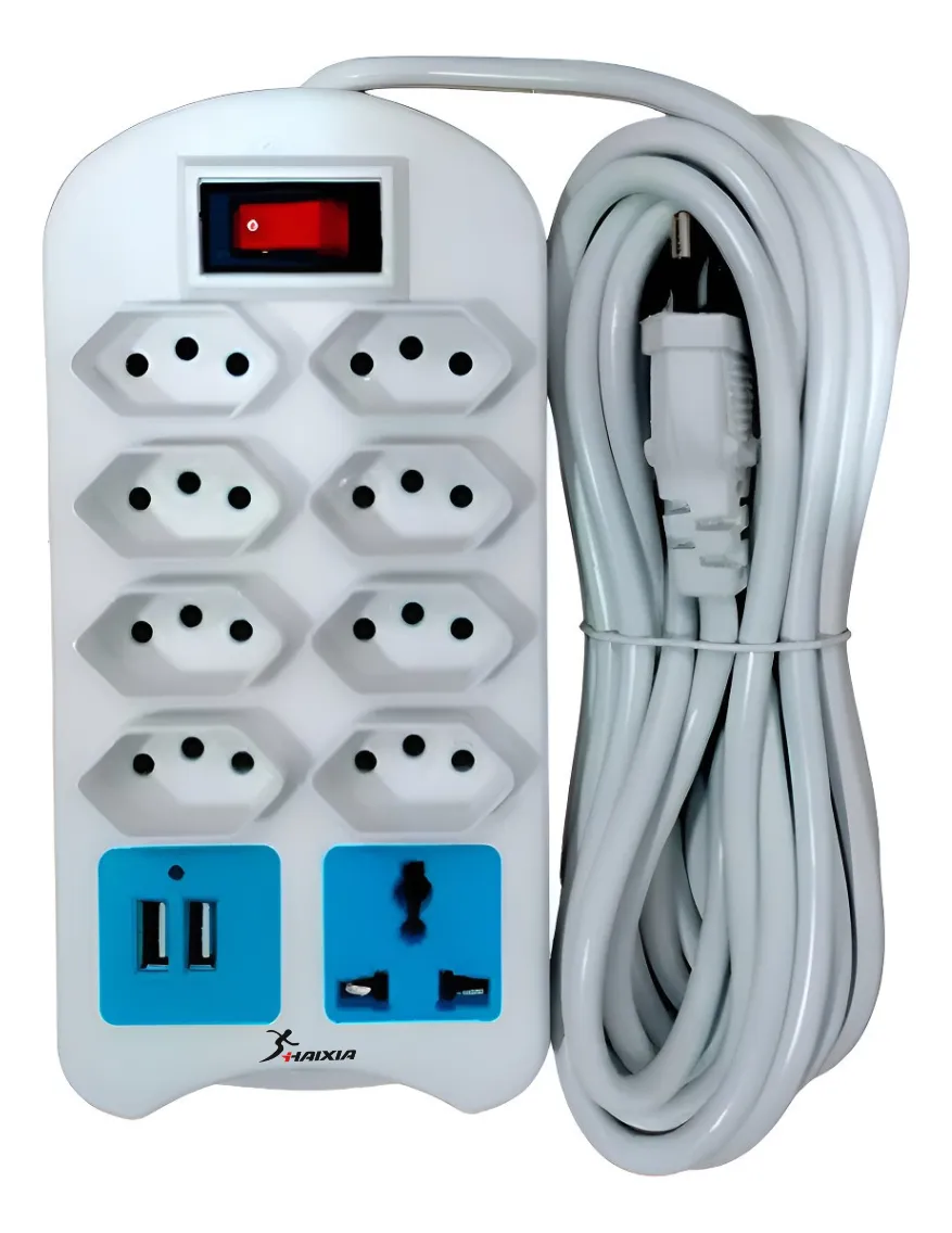 Extensão Elétrica 9 Tomadas Régua Com 2 Usb 5 Metros Cor Branco Haixia
