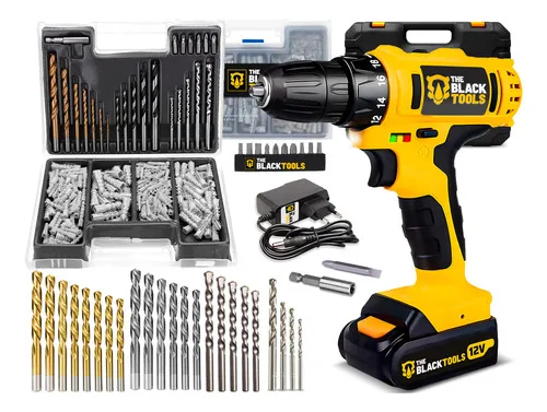 Parafusadeira Furadeira A Bateria 3/8” 10mm 1350rpm Bivolt The Black Tools + Jogo De Brocas Bits E Buchas 300 Peças