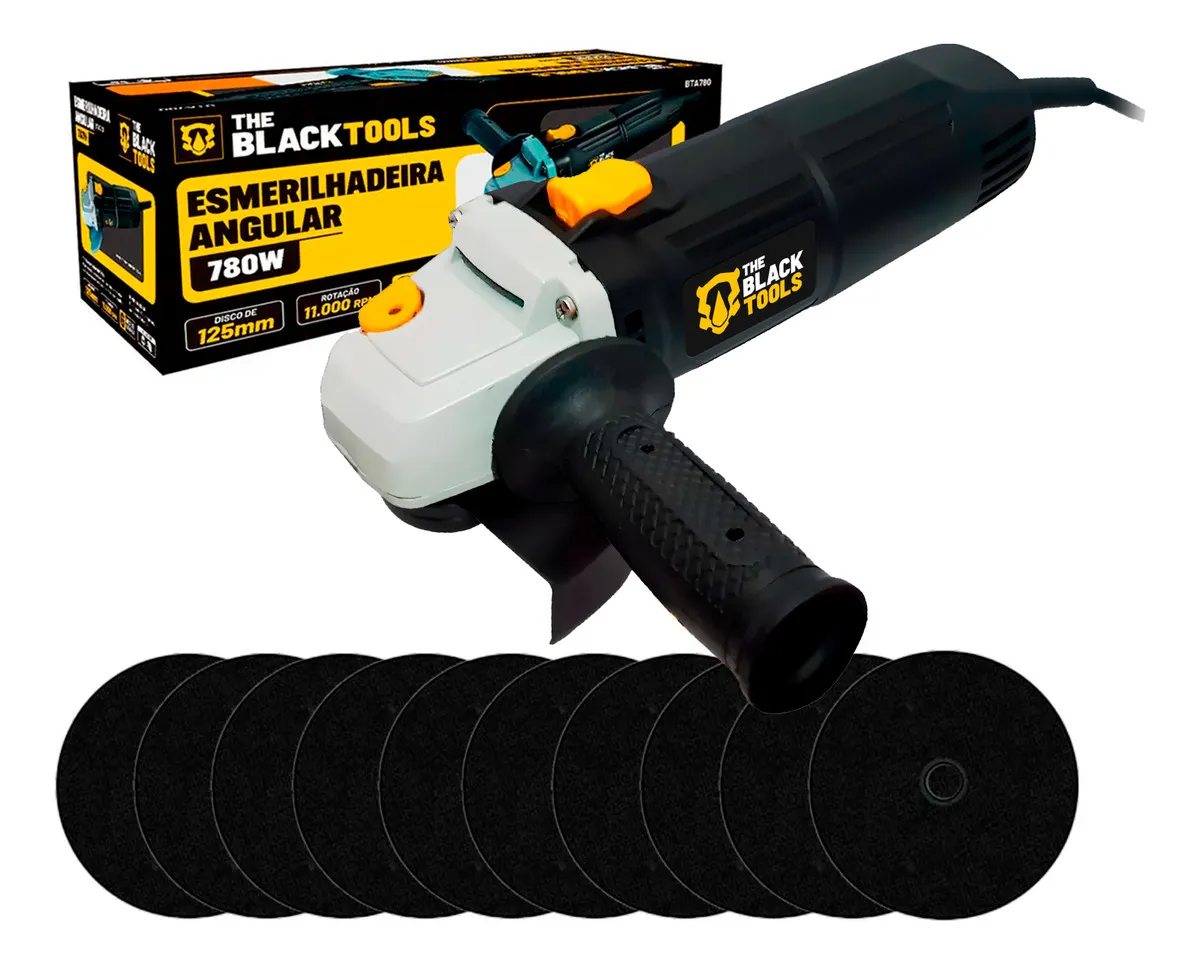Esmerilhadeira Lixadeira Angular 4.1/2” 125mm 780W 11000 Rpm Com Discos De Corte The Black Tools