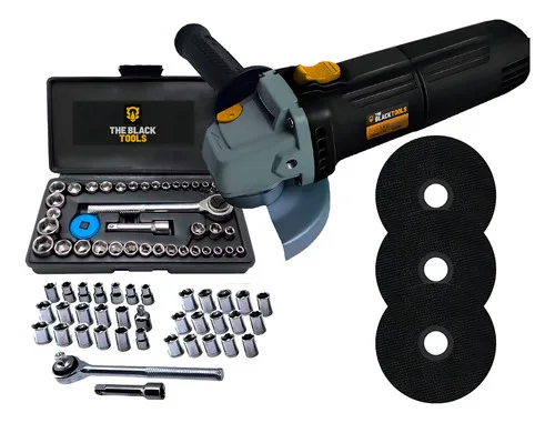 Esmerilhadeira Lixadeira Angular Profissional 4.1/2 Com Acessórios Jogo De Soquetes E Discos The Black Tools