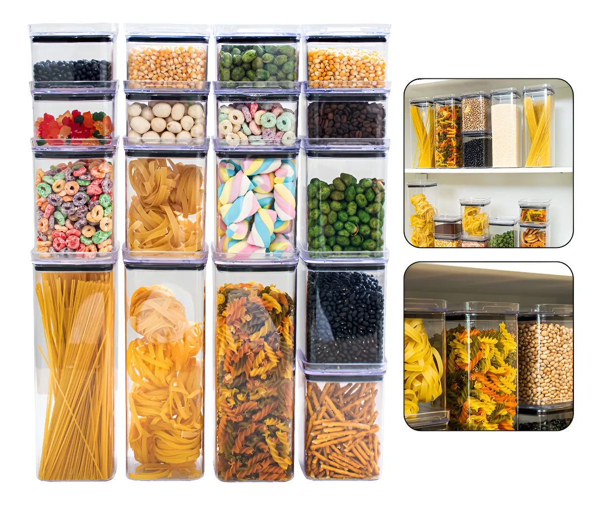 Kit 17 Potes Herméticos Acrílicos Empilháveis Quadrados Transparente para Cozinha e Despensa