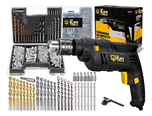 Furadeira De Impacto 550w 3/8 10mm The Black Tools Com Acessórios Kit 300 Peças Brocas E Buchas Preto 127v 50/60hz