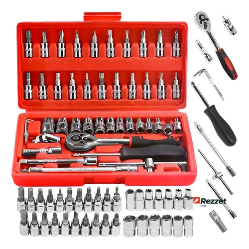 Kit Jogo De Ferramentas Profissional 46 Peças Chave Fenda Philips Soquete 1/4 Em Aço Crv Resistente Completo Para Manutenção Carro Moto Casa Vermelho