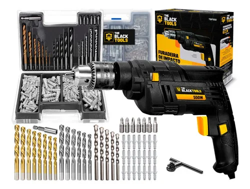 Furadeira De Impacto Elétrica 3/8 10mm 550W 2800 Rpm C/ Acessórios + Kit 300 Peças De Brocas Buchas Bits The Black Tools