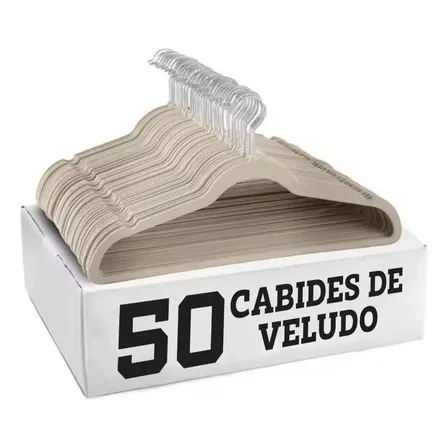 Kit 50 Cabides Veludo De Roupa Antideslizante Slim Adulto Cor Bege