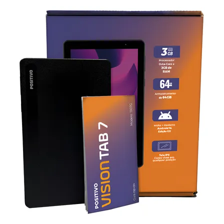 Tablet Positivo Vision Tab 7 - Processador Octa-core 3gb Ram 64gb Armazenamento, Tela 7 Ips, Bateria 3100mah, Android 14 Go, Wi-fi - Preto