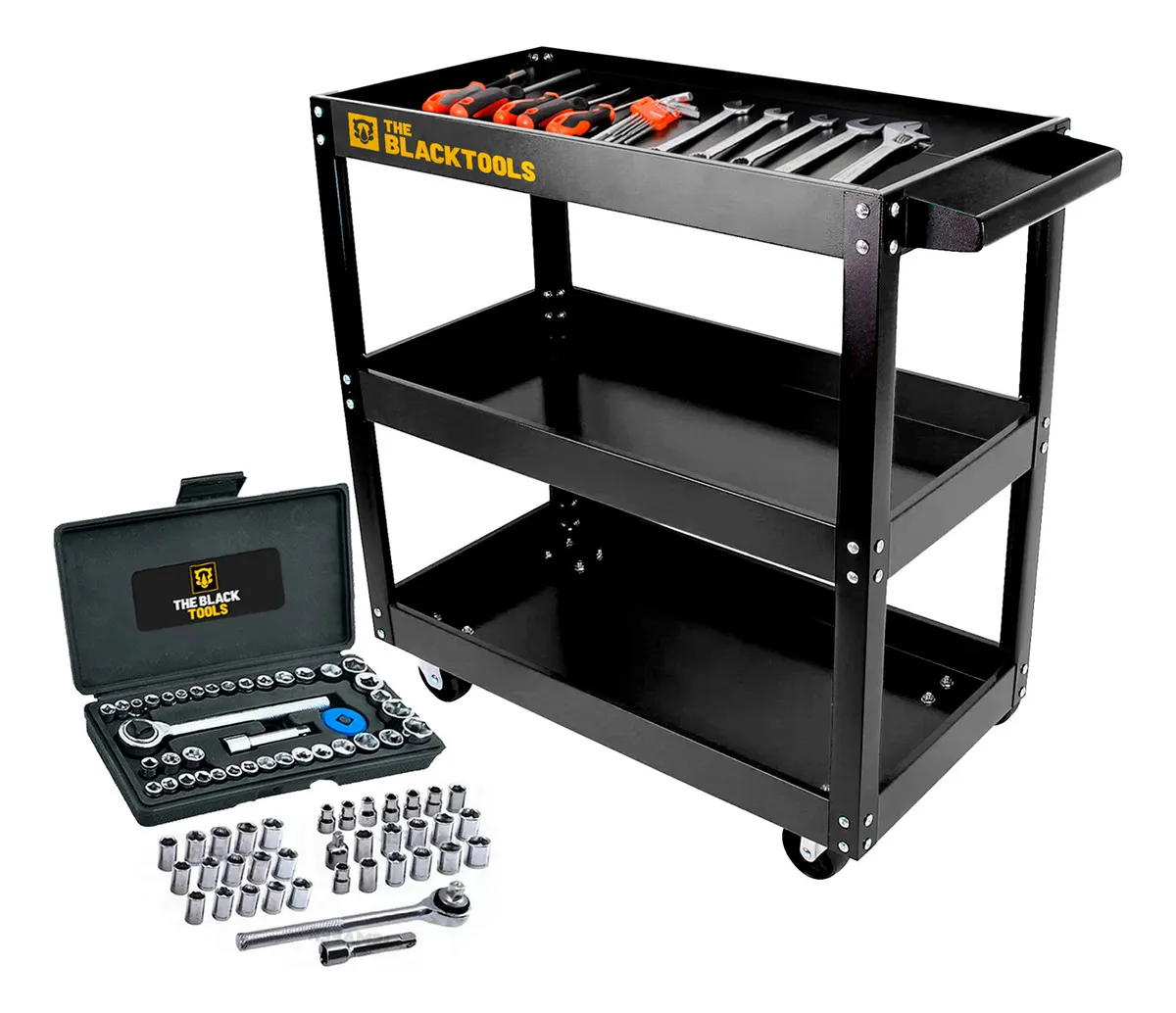 Carrinho De Ferramentas Aberto Mecanico Oficina Bcm400 The Black Tools + Kit Jogo De Soquetes 40 Peças