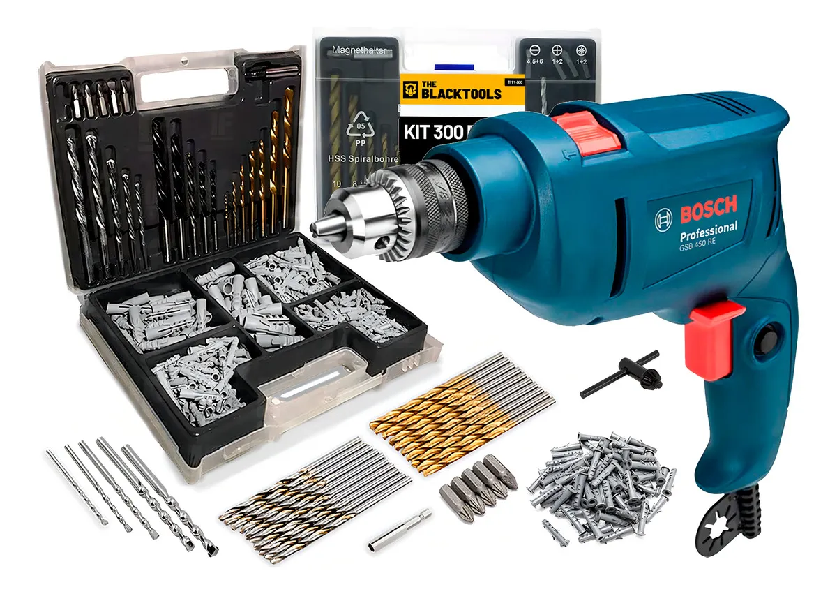 Furadeira De Impacto Bosch 450w 10mm Gsb 450 Re Com Jogo De Brocas Bits 300 Peças Azul 127v 50/60hz