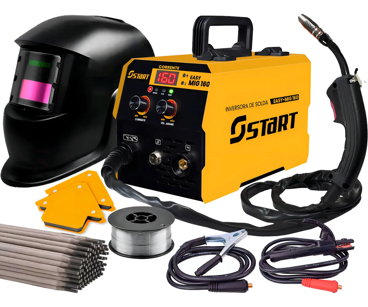Máquina De Solda Inversora Mig 160a Sem Gás 3 Em 1 Tig Lift Eletrodo Easymig Start Com Mascara E Acessorios