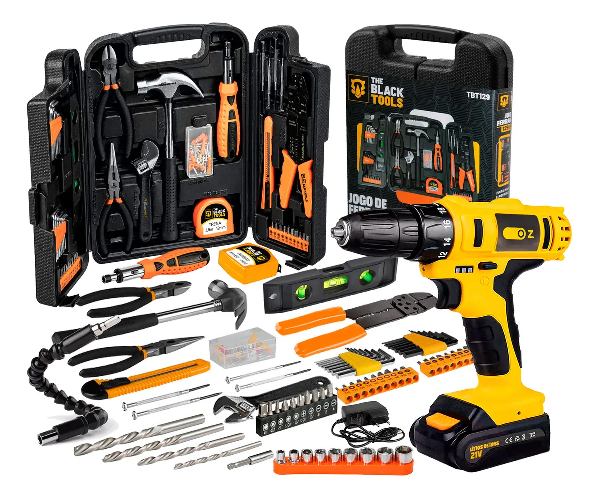 Kit Jogo De Ferramentas 129 Peças Maleta Completo TBT129 The Black Tools + Furadeira Parafusadeira de Impacto PB6500K Com Maleta e Acessórios