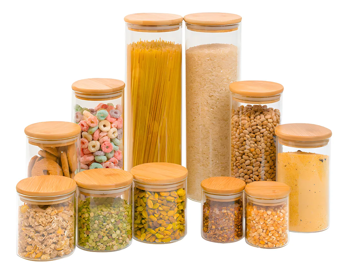 Tud Kit 11 Potes Vidro Herméticos Tampa Bambu 200ml A 2l Armazenamento Marrom-claro
