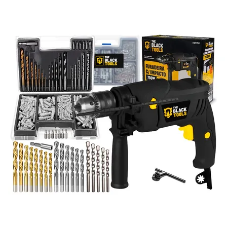 Furadeira De Impacto 13mm 750w Profissional Com Kit Brocas Buchas E Bits 300 Peças The Black Tools Preto 220v 50/60hz