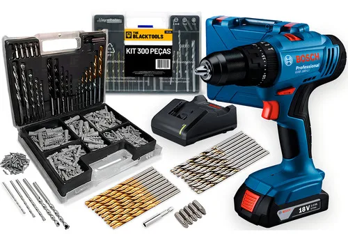 Parafusadeira E Furadeira De Impacto Bosch A Bateria 18v Maleta - Gsb 183-li Com Kit Brocas Buchas E Bits 300 Peças Azul 127/220v 50hz/60hz
