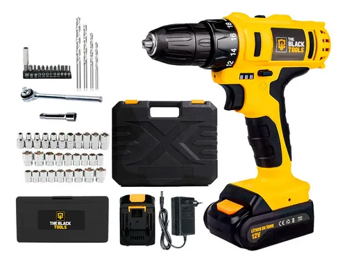 Furadeira Parafusadeira Sem Fio Bateria Tb-12e 12v 3/8 10mm Maleta E Acessórios The Black Tools + Jogo Soquetes 40 Peças Amarelo 127/220v 60