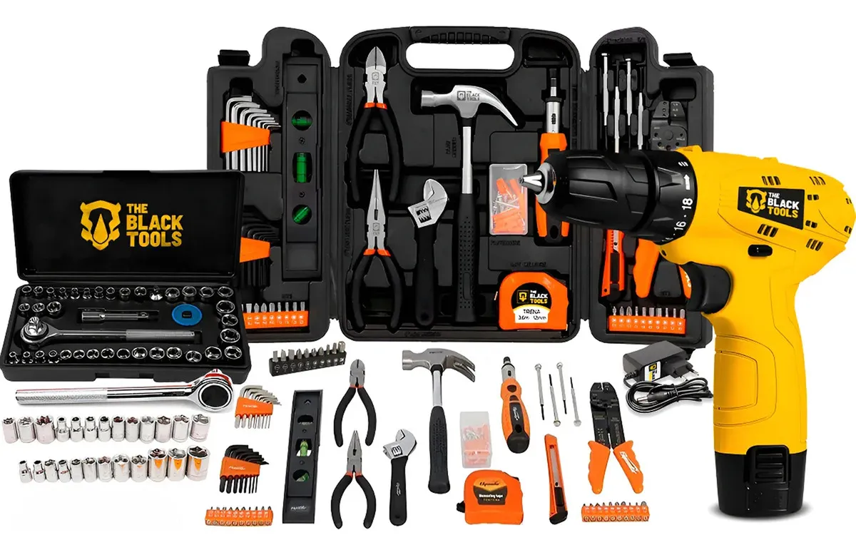 Kit Jogo Ferramentas 169 Peças Soquetes + Parafusdeira 12v Amarelo E Preto