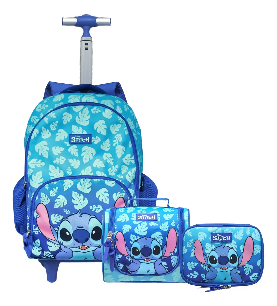 Mochila Rodinhas Notebook Lancheira Estojo Stitch Disney Cor Azul