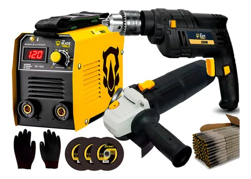 Máquina Inversora De Solda Elétrica 120A MMA/TIG + Esmerilhadeira Lixadeira Angular + Furadeira de Impacto 3/8 10mm 550W