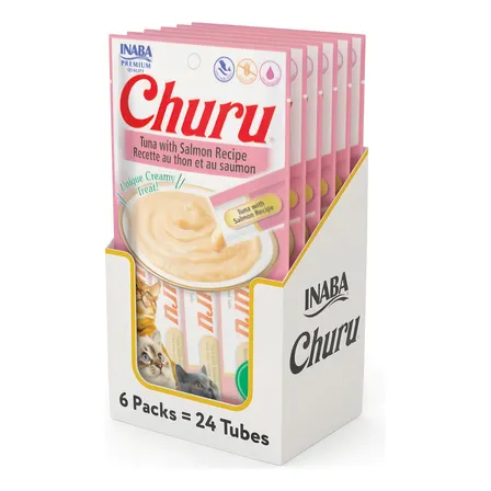 Kit 6 Unidades Gatos Churu Atum E Salmão 14g X 4 = 56g (24 Saches) Petisco Alimento Úmido