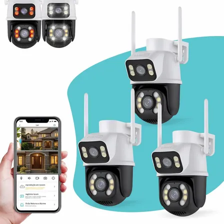 Kit 3 Câmera Segurança Ip Externa Wifi A28 A31 App Icsee Prova Dagua Ip66 Dome Lente Dupla Lentes 2 Em 1 Vigilância Visão Noturna Infravermelho Casenn Branco/preto