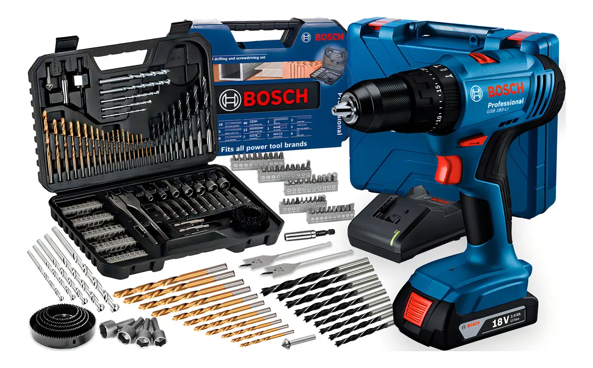 Parafusadeira E Furadeira De Impacto A Bateria 18v Bosch Gsb 183-li Maleta Com Kit Brocas E Bits Profissional 103 Peças Azul 127/220v 50/60hz