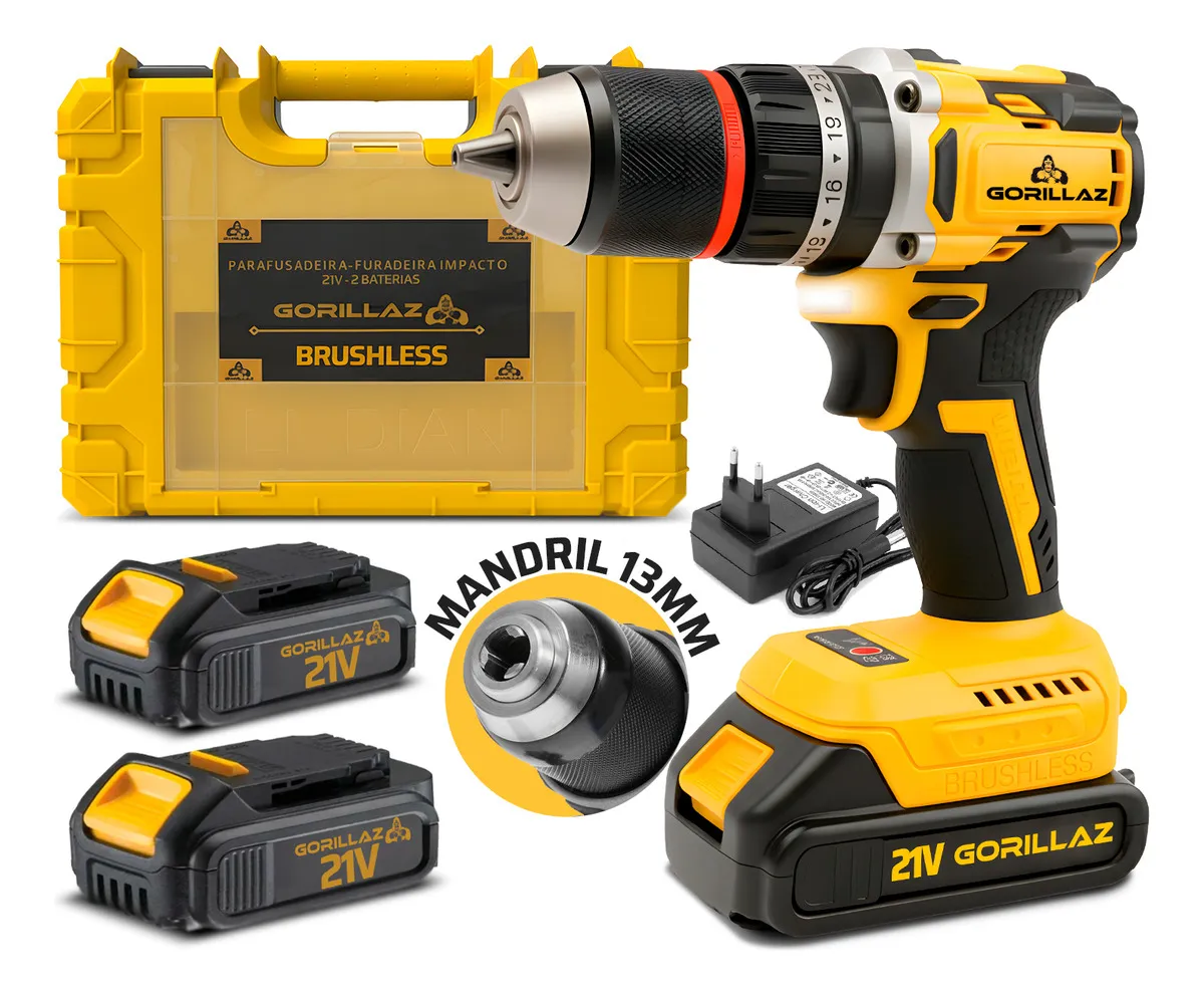 Furadeira Parafusadeira Impacto Brushless 21v 2 Baterias Gorillaz Amarelo 127/220v 50/60 Hz