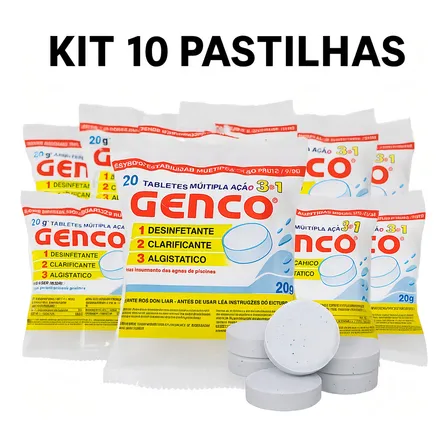 Kit 10 Pastilhas Cloro Estabilizado 200g 3 em 1 Genco T-200
