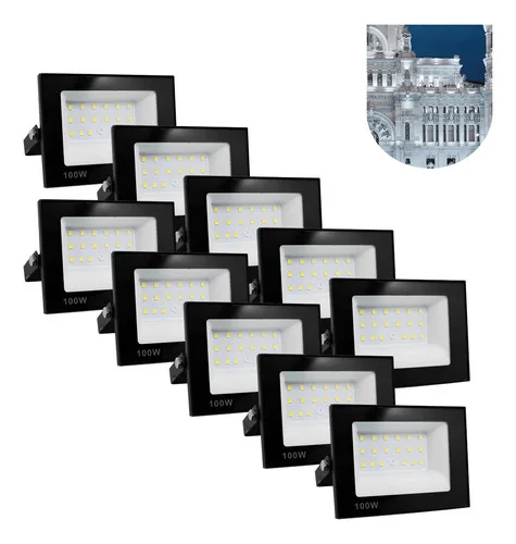 Kit 10 Refletor Led 100w Holofote Prova Dágua Frio Carcaça Preto Luz Branco-frio