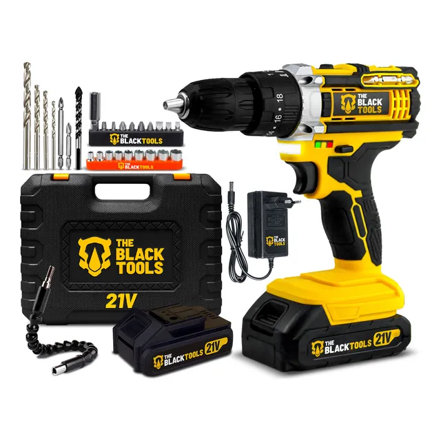 Furadeira Parafusadeira De Impacto 21v Com 2 Baterias Velocidade Ajustável 3/8 10mm Maleta E Acessorios Profissional The Black Tools Amarelo E Preto 127/220v 60hz