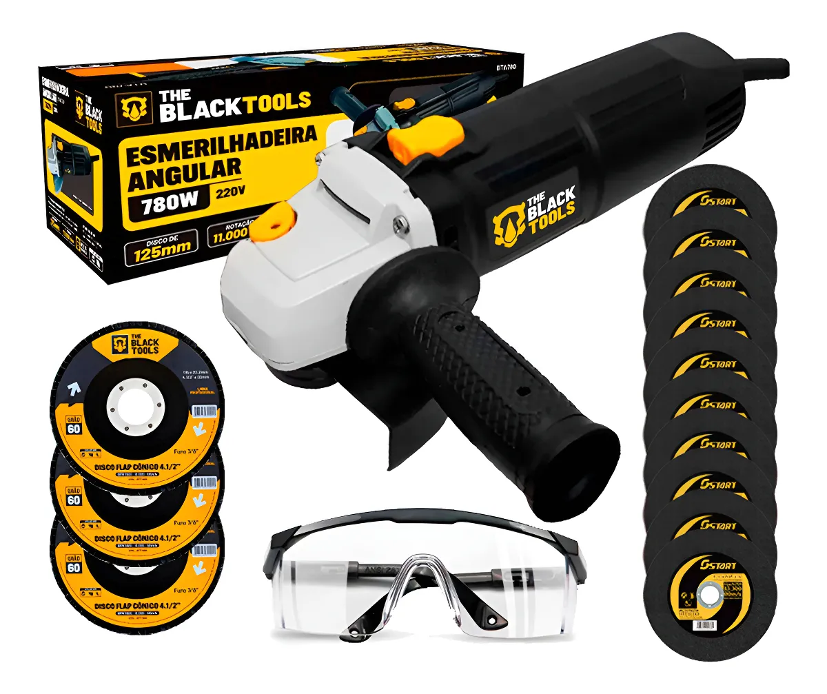 Esmerilhadeira Lixadeira Angular 780W 4.1/2” Profissional 11000 Rpm C/ Acessórios + Óculos Transparente The Black Tools