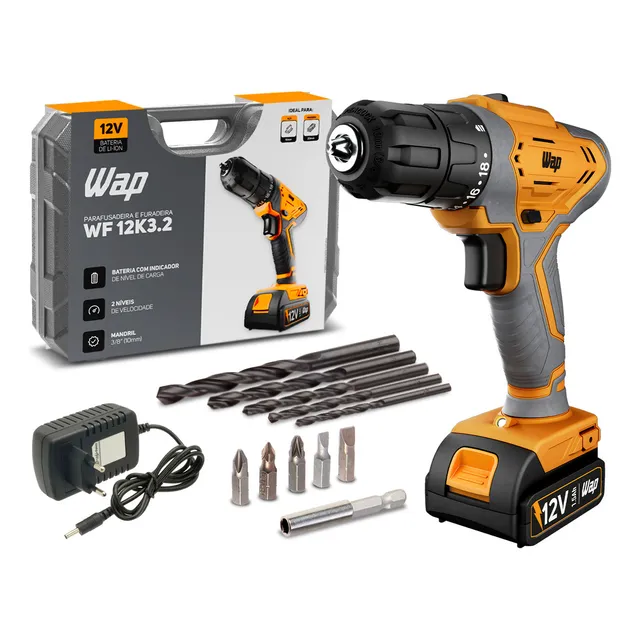 Parafusadeira E Furadeira A Bateria Li-ion Wap Wf 12k3.2 Carregador Com Maleta E Kit De 11 Acessórios Amarelo 127/220v 60hz