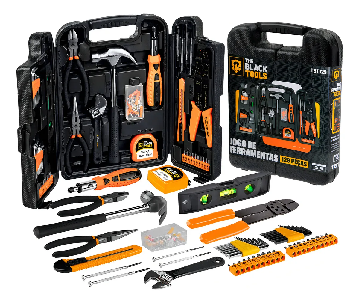 Kit Jogo De Ferramentas 129 Peças Completo Chaves Alicates Maleta Tbt-129 The Black Tools Preto E Laranja